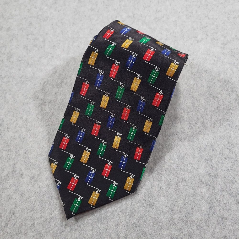 Holidays Christmas Presents Mens Neck Tie Black Approx‎ 56"x3.75" 100% Silk